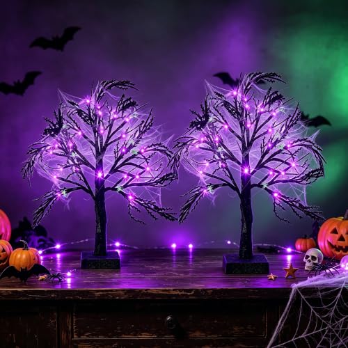Halloween Indoor Tree with Purple Lights and Spiders - Creepy Decor
