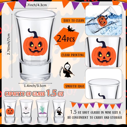 Halloween Shot Glasses Set - 24 Mini 1.5oz Glasses with Holiday Accessories
