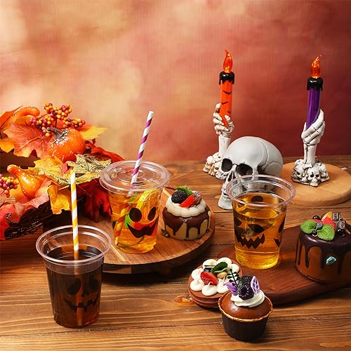 Halloween Ghost Disposable Cups Set - 12 oz Plastic Party Cups with Lids & Straws, 120 Pack