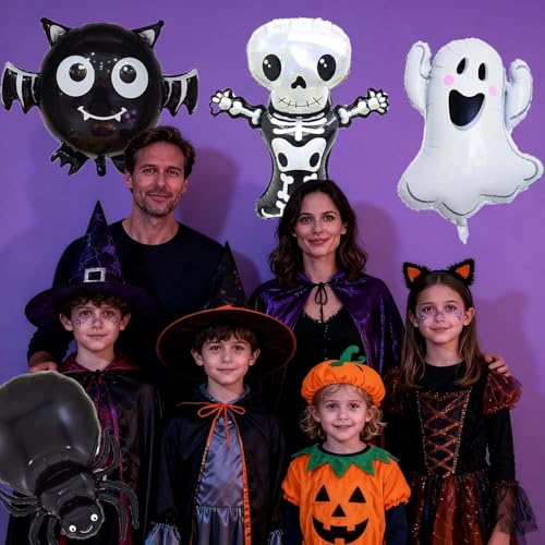 Halloween Skeletons, Ghost, Bat & Spider Foil Balloons Set - Black H