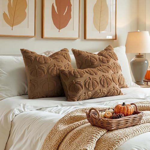 Fall Pumpkin Pillow Covers 18x18 Inch Set of 2 Brown Autumn Decor