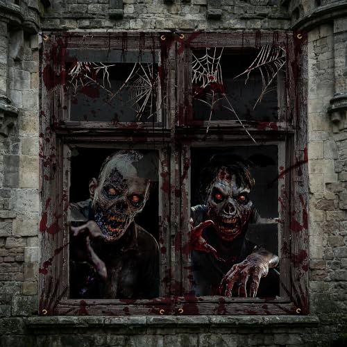 Halloween Zombie Window Decorations - 2PCS Spooky Curtain Banner for Haunted House