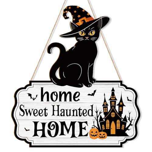 Large Black Cat Halloween Door Wreath Wooden Front Door Sign Haunted Home Decor