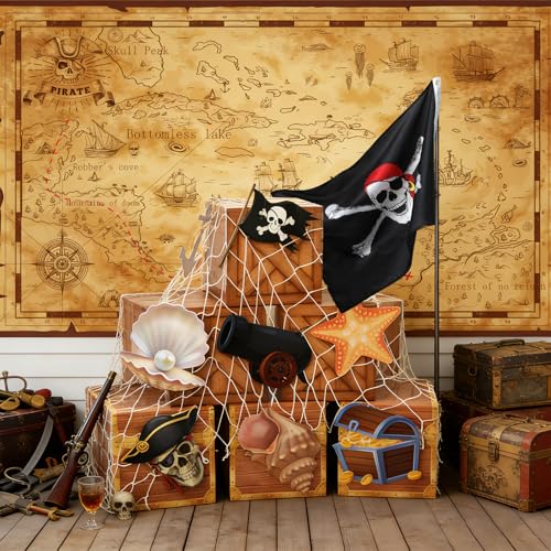 Pirate Party Decorations Set with Treasure Map Backdrop and Flags - Halloween Theme