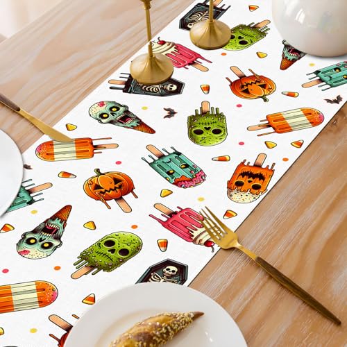 Halloween Ice Cream Party Table Runner 13x108 Inches Spooky Pumpkin Skull Decor