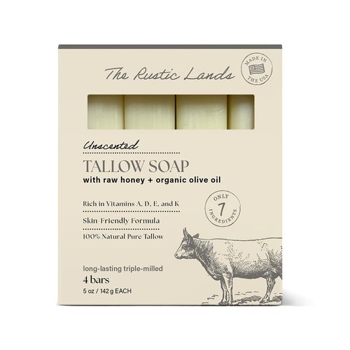 THE RUSTIC LANDS Fragrance Free Natural Tallow Soap Bars Set of 4 - Grass Fed Beef Tallow with Raw Honey & Olive Oil - USA Soap for Sensitive Skin, Moisturizing Bath & Body, 5oz Each