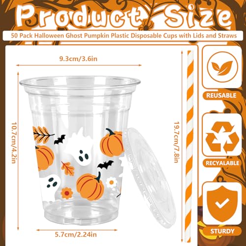 Halloween Plastic Cups with Lids & Straws - Ghost Pumpkin Design, 50 Pack, 12oz