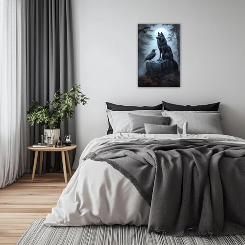 Wolf Raven Wall Art Canvas Print - Gothic Nature Wildlife Decor, 24x16 Inches - Variation Wolf-04