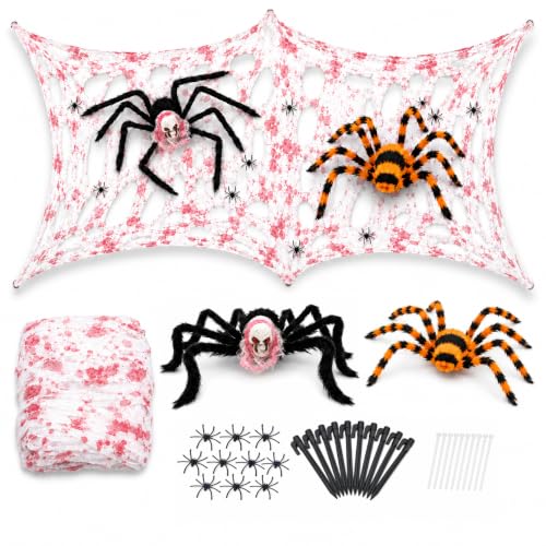 Outdoor Halloween Spider Web Decor Kit with Giant Spiders - Scary Haunted Scene