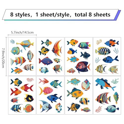 Fish Window Decals - Tropical Fish Wall Stickers for Home & Classroom - 8 Styles, Waterproof Peel & Stick Set - Variation: Fish