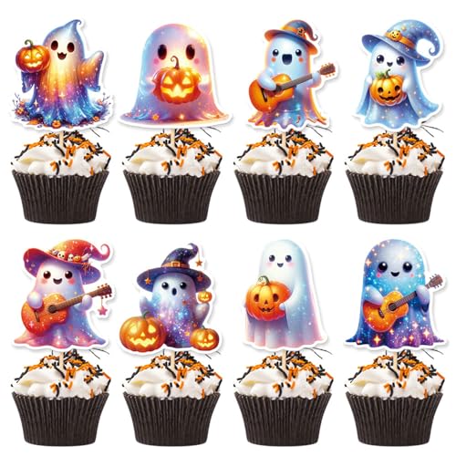 Halloween Cupcake Toppers Set - 24 Cute Ghost and Pumpkin Decorations with Toothpicks