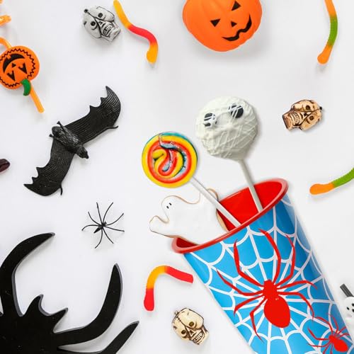 24 Pack Halloween Spider Web Plastic Party Cups with Lids - Reusable Kids Birthday Favors