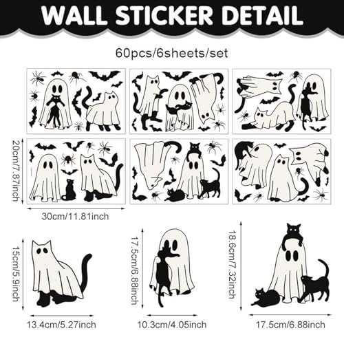 Halloween Window Clings Pack - Ghost, Cat, Bat & Spider Web Stickers - Style1