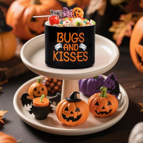 Halloween Candy Dish Cauldron with Bugs and Kisses - Mini Ceramic Snack Bowl, Tiered Tray Decor
