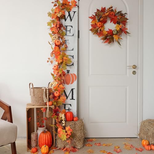 Fall Wreath for Front Door - 19 Inch Yellow Autumn Pumpkin Maple Leaves