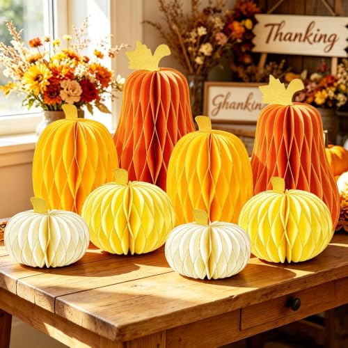 Yellow Pumpkin Honeycomb Centerpiece Set - Fall Autumn Halloween Thanksgiving Decor