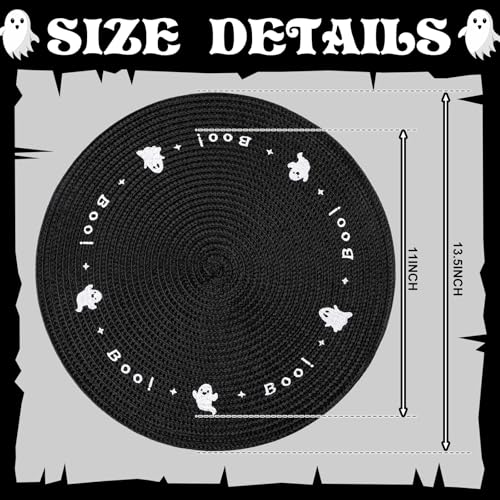 Halloween Ghost Placemat Set - Black Round Embroidered Plastic Table Mats, 6 Pcs