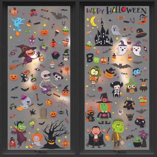 Halloween Window Clings Set - Double Sided Witch Ghost Pumpkin Bat 9 Sheets with Variation Monster Witch