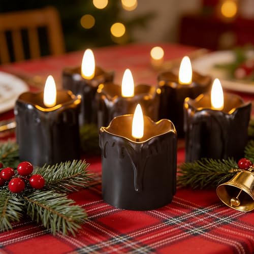 Black Dripping Wax Halloween Flameless Votive Candles with Timer - Set of 6