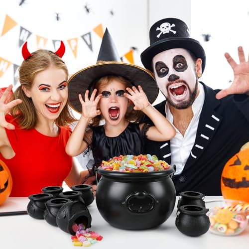 Assorted Size Black Candy Cauldron Set - 8 Mini & 1 Large Halloween Buckets with Handles