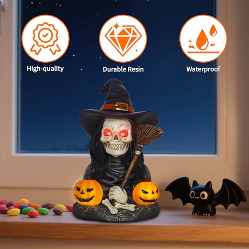Halloween Skeleton Witch Decoration with Solar Eyes & Pumpkins - Indoor Figurine, Gothic Home Decor, Party Ornament - Variation of THIS Listing