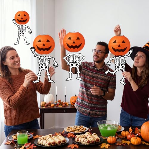 Halloween Pumpkin Lanterns and Skeleton Hanging Decorations - Spooky Party Decor