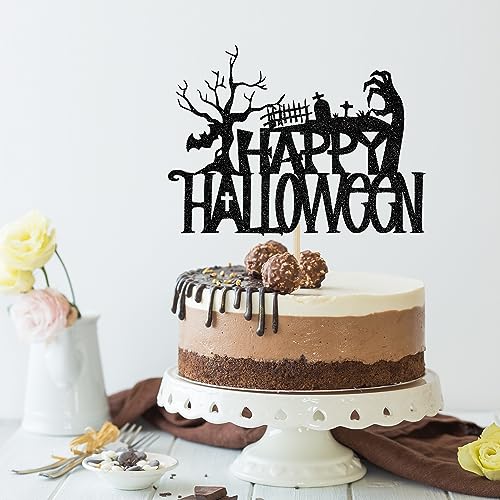 Halloween Cake Topper Black Glitter Spooky Haunted House Decor for Birthday & Party
