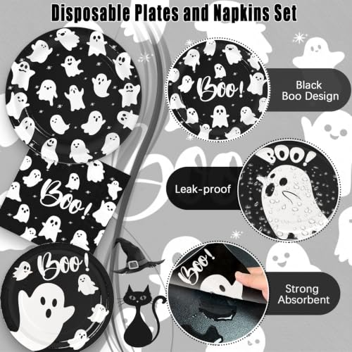 Ghost Halloween Party Supplies Set - Black Boo Variation, Paper Plates & Napkins, 180PCS