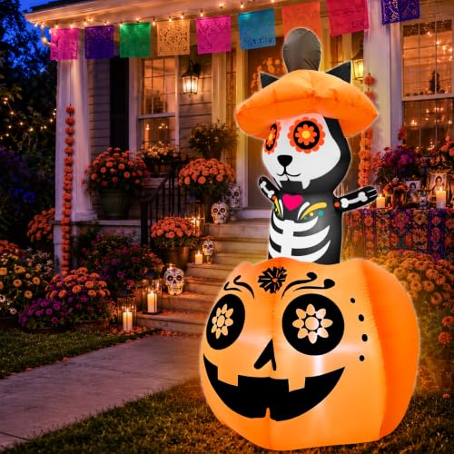 5 Ft Inflatable Halloween Skeleton Cat on Pumpkin with LED Lights - Day of The Dead Decor