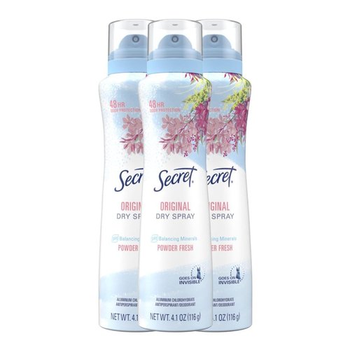 Secret Dry Spray Antiperspirant Deodorant for Women, 48hr Weightless Sweat & Odor Protection, Gentle on Skin, Powder Fresh Scent, 4.1 oz (Pack of 3)