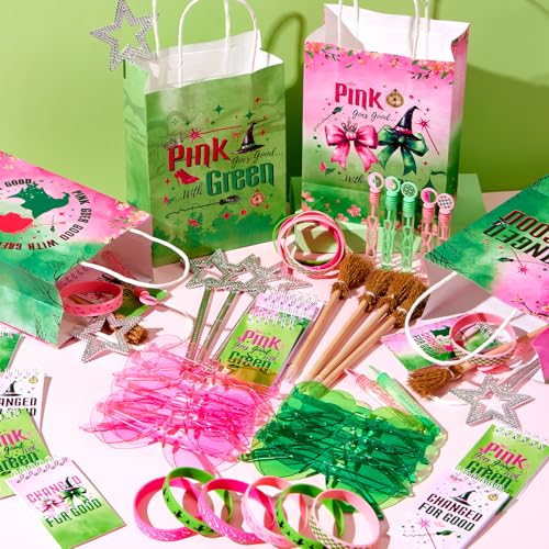 Pink and Green Witch Party Favors Set with Wands, Notepads, Glasses, Bracelets, Gift Bags, and Bubbles - 72 Pieces