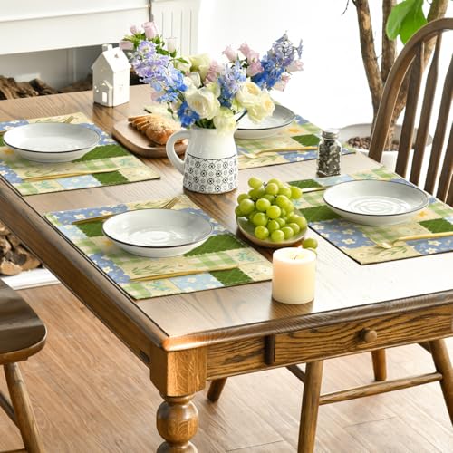 Patchwork Buffalo Plaid Floral Placemats Set of 4 - Seasonal Summer Table Decor