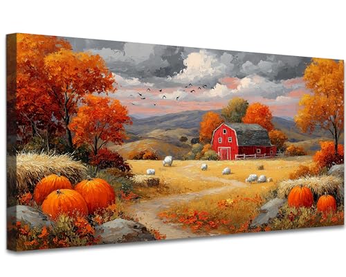 Autumn Fall Canvas Wall Art - Rustic Pumpkin Farm Scene, Red Barn, 16"x8" Wrapped Print - Fall Landscape Decor
