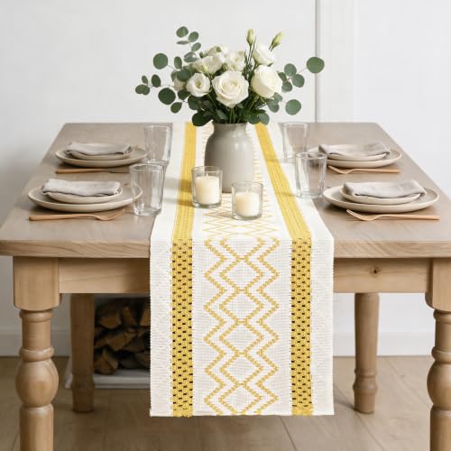 Artoid Mode Yellow Stripe Diamond Woven Table Runner 12x72 Inch - Durable Home Decor