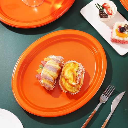 Orange Plastic Plates - 50 Count, 10x12 Inch Oval Disposable Tableware