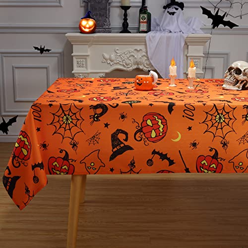 Halloween Tablecloth Round 60 Inch - Spider Web Pumpkin Bat Ghost Waterproof Decor - Orange / 102 Inch