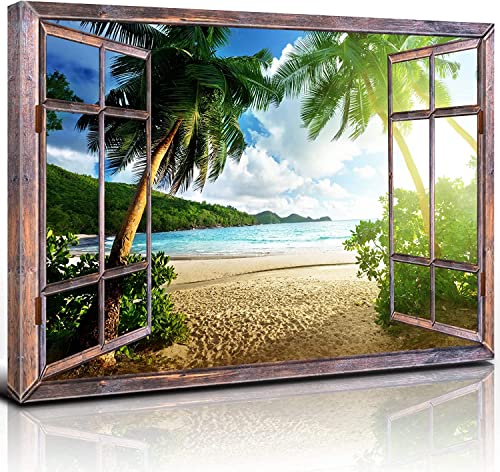 Large Tropical Beach Canvas Wall Art - Ocean Sunset Palm Trees, 48 x 32 Inches, Coastal Seascape Decor