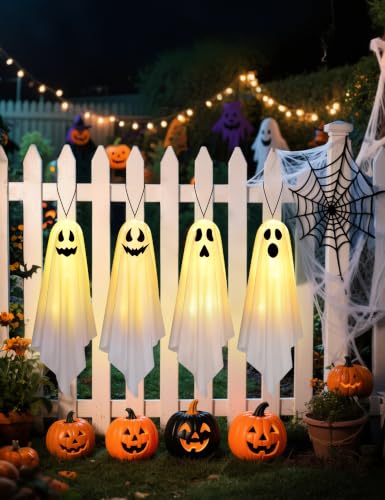 Halloween Hanging Ghost Decorations - 4 Pack Outdoor Indoor Light-Up Spooky Yard Party Decor
