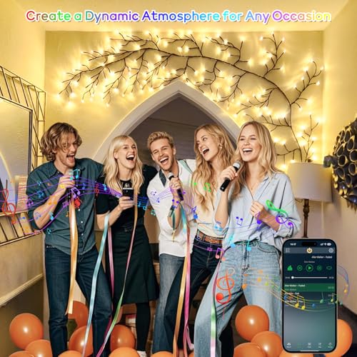 GOESWELL Smart Vine Light for Room Decor 7.5ft 144 LEDs Dimmable Tree Lights with Remote & App Control - Variation of Smart Vine with APP & Remote