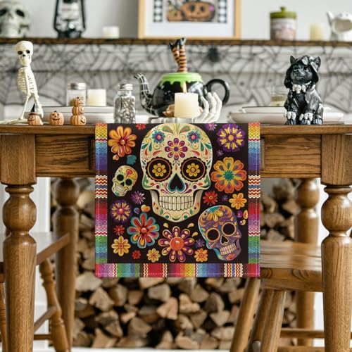 Flowers Sugar Skull Table Runner - Day of The Dead Mexican Decor 13x108 Inch - Red & Blue Variation