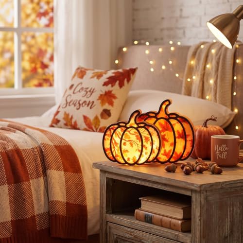 Lighted Wooden Pumpkin Lanterns Set - Fall Harvest Decor for Home & Thanksgiving