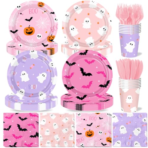 Pink Halloween Plates Ghost Party Tableware Set - 144 Pieces