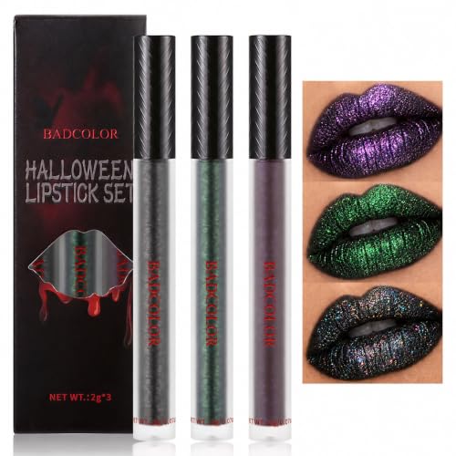Liquid Lipstick Set - Black Green Purple Glitter Matte Long-Lasting for Halloween