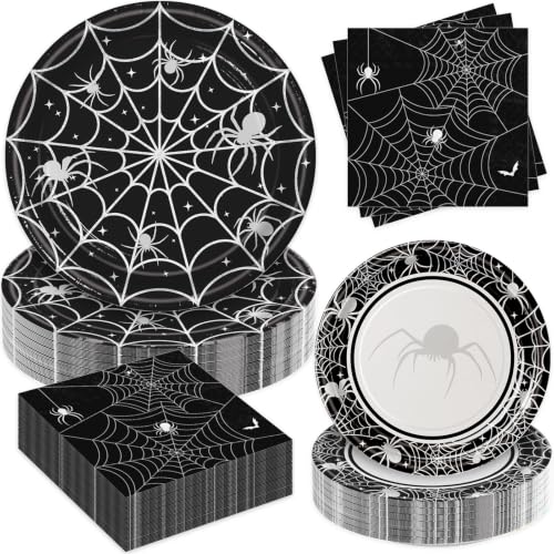Halloween Paper Plates and Napkins Set - Serves 60 Guests, Spider Web Design