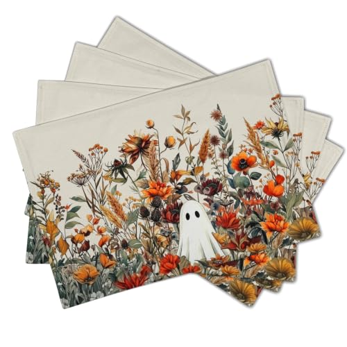 Halloween Placemats Set of 4 Ghost Flower 12x18 Inches Kitchen Table Decor