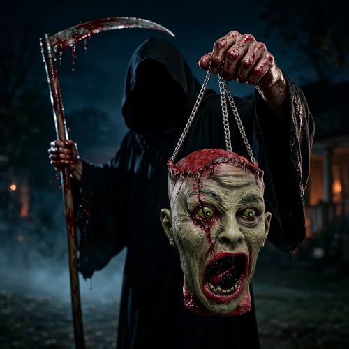 Halloween Bloody Zombie Head Prop - Latex Hanging Severed Head with Chains - 11.8"