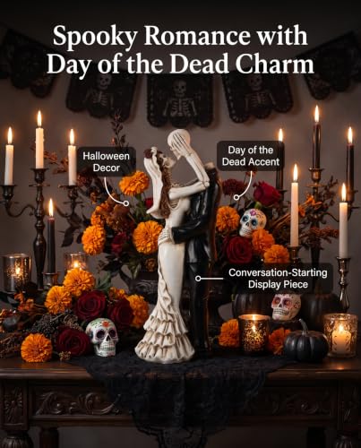 Dancing Skeleton Bride and Groom Figurine - 12'' Gothic Wedding Cake Topper, Halloween Decor, Romantic Spooky Figurine - Large