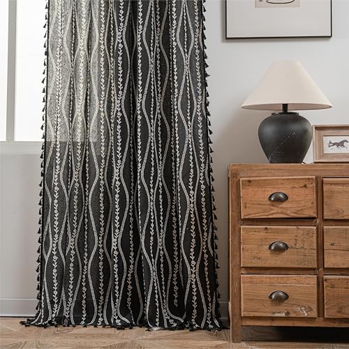 Boho Curtains 63 Inch Length Black Stripe Floral Tassel Drapes for Kitchen & Dining Room - Pack of 1