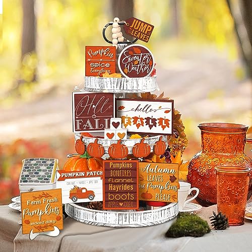 Farmhouse Fall Tiered Tray Decor Set - Rustic Pumpkin & Truck Signs, Simple Style