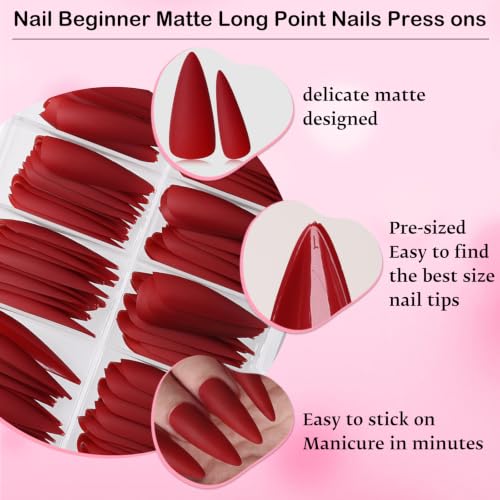 Red Long Stiletto Press On Nails Set with Glue & Tabs - Matte Finish, 144pcs, Easy DIY Manicure